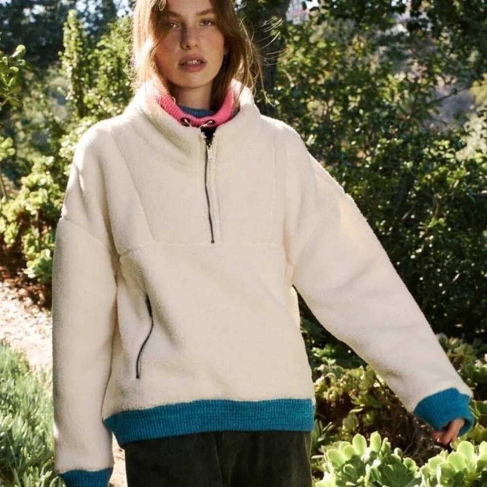 FP Movement by Free People Cream Sherpa Pullover with Teal & Pink Trim